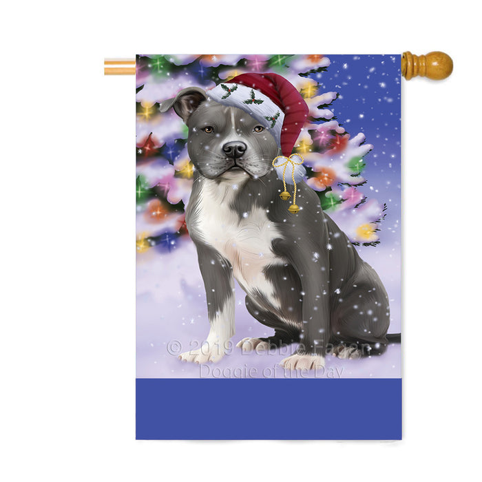 Personalized Winterland Wonderland American Staffordshire Dog In Christmas Holiday Scenic Background Custom House Flag FLG-DOTD-A61257