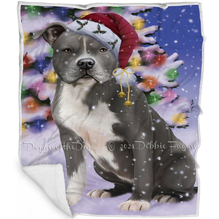 Winterland Wonderland American Staffordshire Terrier Dog In Christmas Holiday Scenic Background Blanket BLNKT100857
