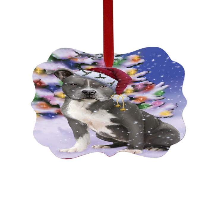 Winterland Wonderland American Staffordshire Dog In Christmas Holiday Scenic Background Double-Sided Photo Benelux Christmas Ornament LOR49488