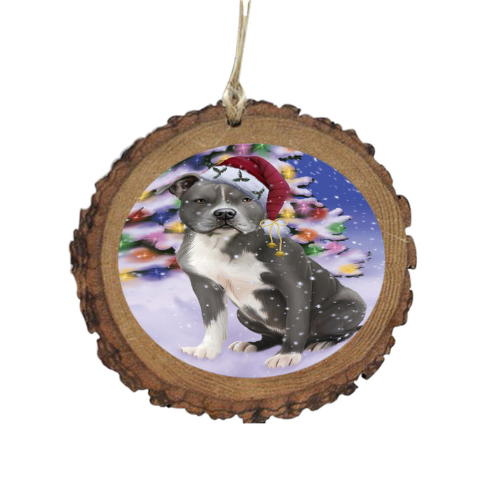 Winterland Wonderland American Staffordshire Dog In Christmas Holiday Scenic Background Wooden Christmas Ornament WOR49488