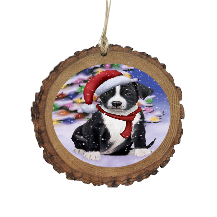 Winterland Wonderland American Staffordshire Dog In Christmas Holiday Scenic Background Wooden Christmas Ornament WOR49489