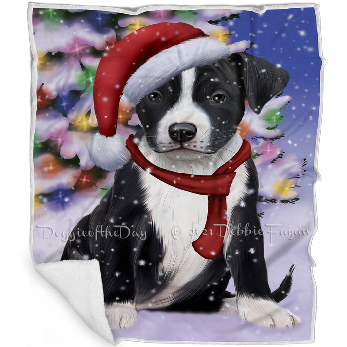 Winterland Wonderland American Staffordshire Terrier Dog In Christmas Holiday Scenic Background Blanket BLNKT100866