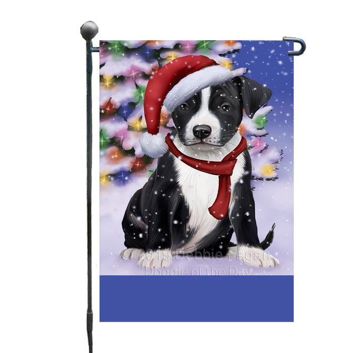Personalized Winterland Wonderland American Staffordshire Dog In Christmas Holiday Scenic Background Custom Garden Flags GFLG-DOTD-A61202
