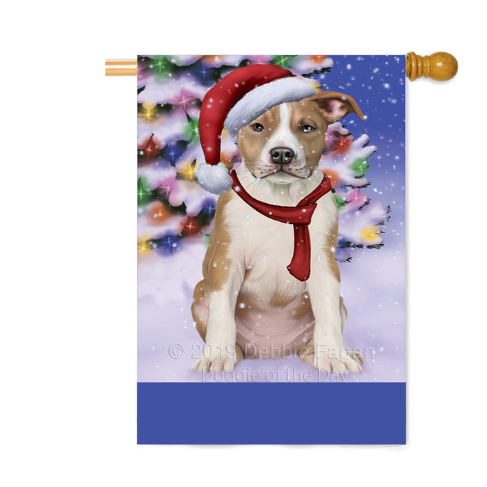 Personalized Winterland Wonderland American Staffordshire Dog In Christmas Holiday Scenic Background Custom House Flag FLG-DOTD-A61259
