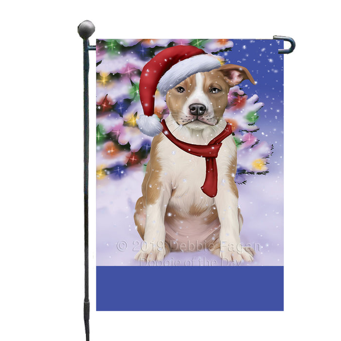 Personalized Winterland Wonderland American Staffordshire Dog In Christmas Holiday Scenic Background Custom Garden Flags GFLG-DOTD-A61203