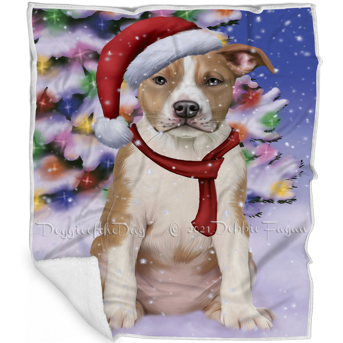 Winterland Wonderland American Staffordshire Terrier Dog In Christmas Holiday Scenic Background Blanket BLNKT100875