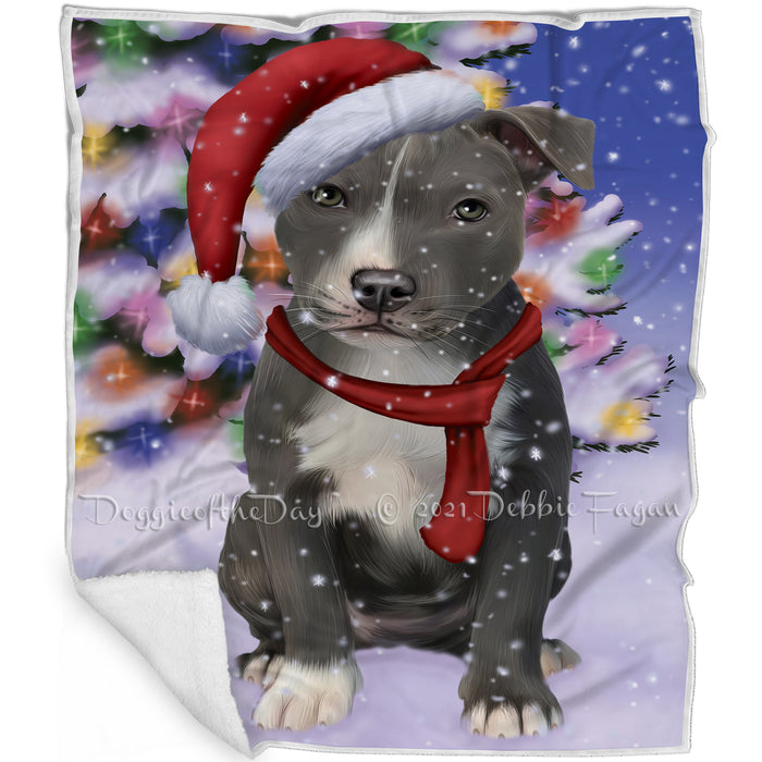 Winterland Wonderland American Staffordshire Terrier Dog In Christmas Holiday Scenic Background Blanket BLNKT100884