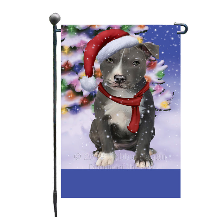 Personalized Winterland Wonderland American Staffordshire Dog In Christmas Holiday Scenic Background Custom Garden Flags GFLG-DOTD-A61204
