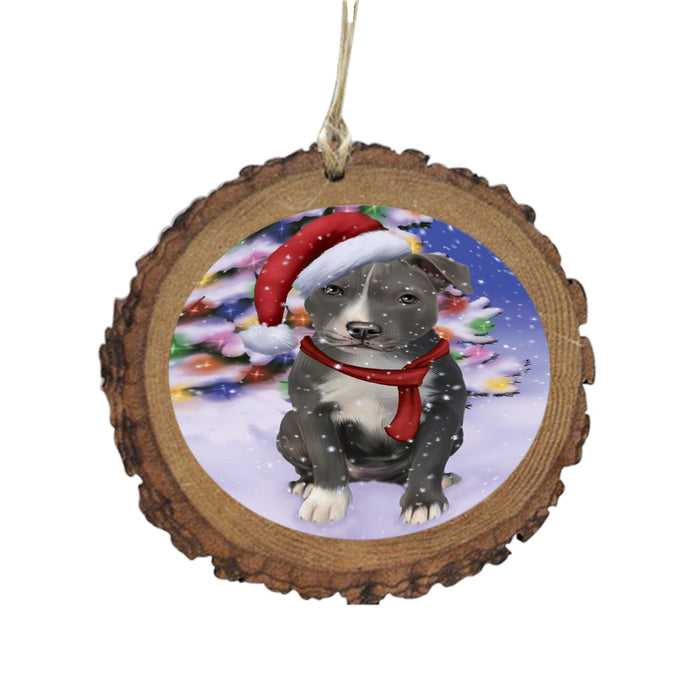 Winterland Wonderland American Staffordshire Dog In Christmas Holiday Scenic Background Wooden Christmas Ornament WOR49491
