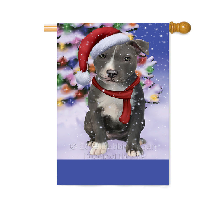 Personalized Winterland Wonderland American Staffordshire Dog In Christmas Holiday Scenic Background Custom House Flag FLG-DOTD-A61260