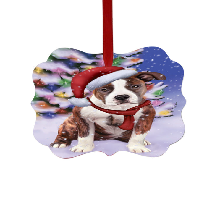 Winterland Wonderland American Staffordshire Dog In Christmas Holiday Scenic Background Double-Sided Photo Benelux Christmas Ornament LOR49492