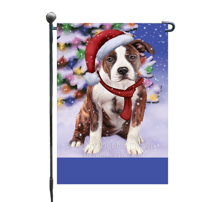 Personalized Winterland Wonderland American Staffordshire Dog In Christmas Holiday Scenic Background Custom Garden Flags GFLG-DOTD-A61205