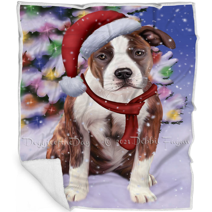 Winterland Wonderland American Staffordshire Terrier Dog In Christmas Holiday Scenic Background Blanket BLNKT100893