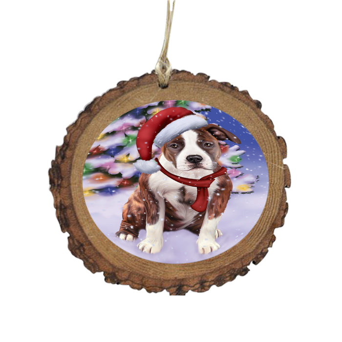 Winterland Wonderland American Staffordshire Dog In Christmas Holiday Scenic Background Wooden Christmas Ornament WOR49492