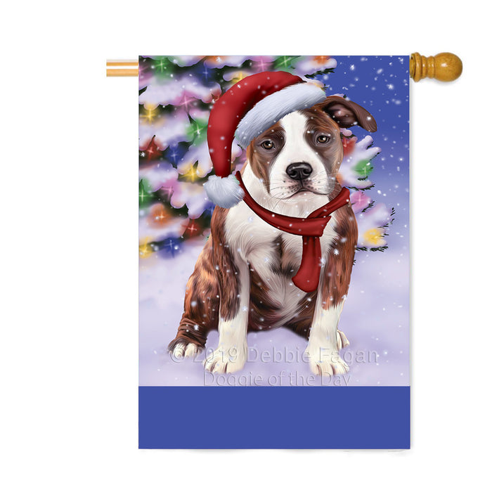 Personalized Winterland Wonderland American Staffordshire Dog In Christmas Holiday Scenic Background Custom House Flag FLG-DOTD-A61261