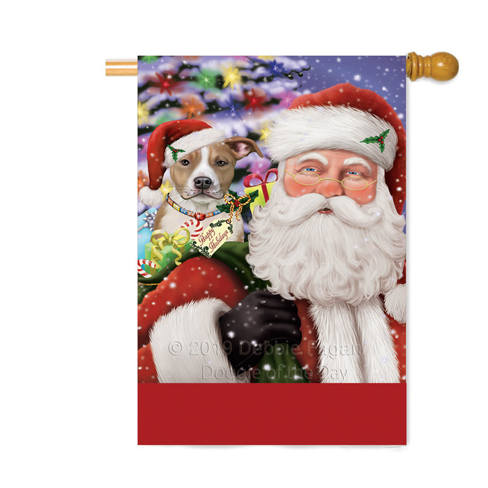 Personalized Santa Carrying American Staffordshire Dog and Christmas Presents Custom House Flag FLG-DOTD-A63385