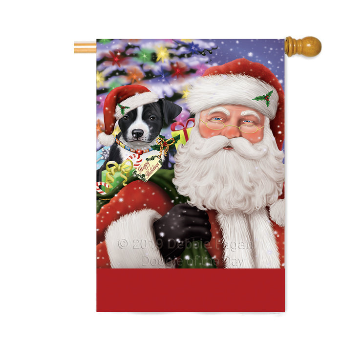 Personalized Santa Carrying American Staffordshire Dog and Christmas Presents Custom House Flag FLG-DOTD-A63386
