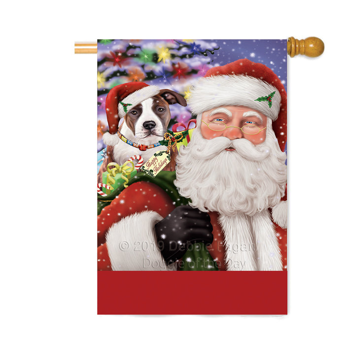 Personalized Santa Carrying American Staffordshire Dog and Christmas Presents Custom House Flag FLG-DOTD-A63387