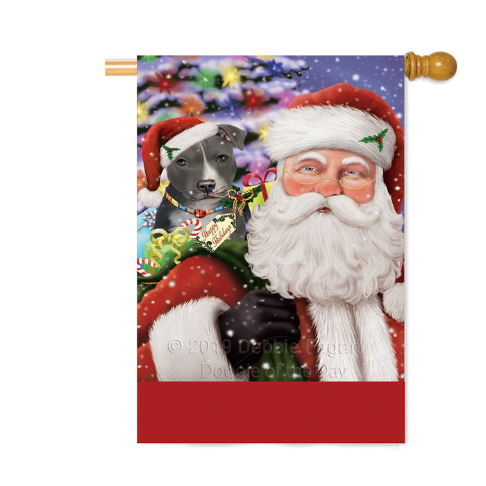 Personalized Santa Carrying American Staffordshire Dog and Christmas Presents Custom House Flag FLG-DOTD-A63388