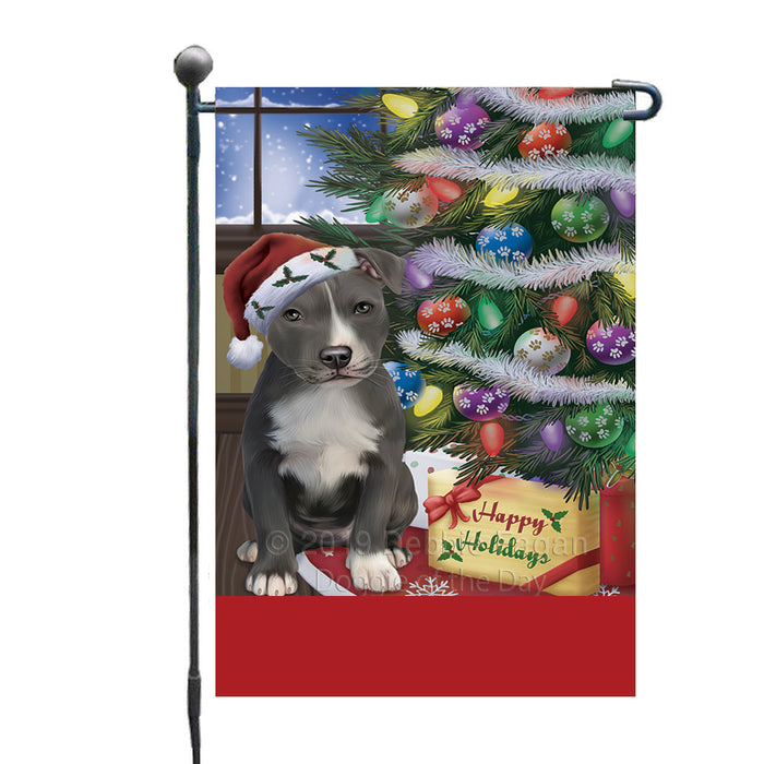 Personalized Christmas Happy Holidays American Staffordshire Dog with Tree and Presents Custom Garden Flags GFLG-DOTD-A58583