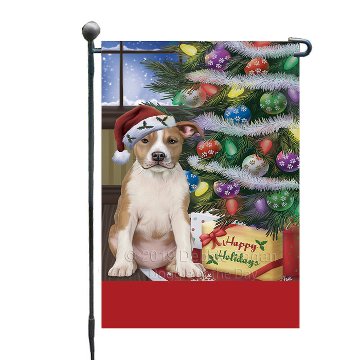 Personalized Christmas Happy Holidays American Staffordshire Dog with Tree and Presents Custom Garden Flags GFLG-DOTD-A58580