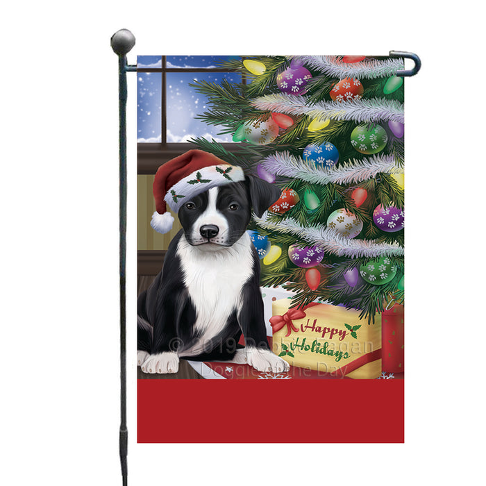 Personalized Christmas Happy Holidays American Staffordshire Dog with Tree and Presents Custom Garden Flags GFLG-DOTD-A58581