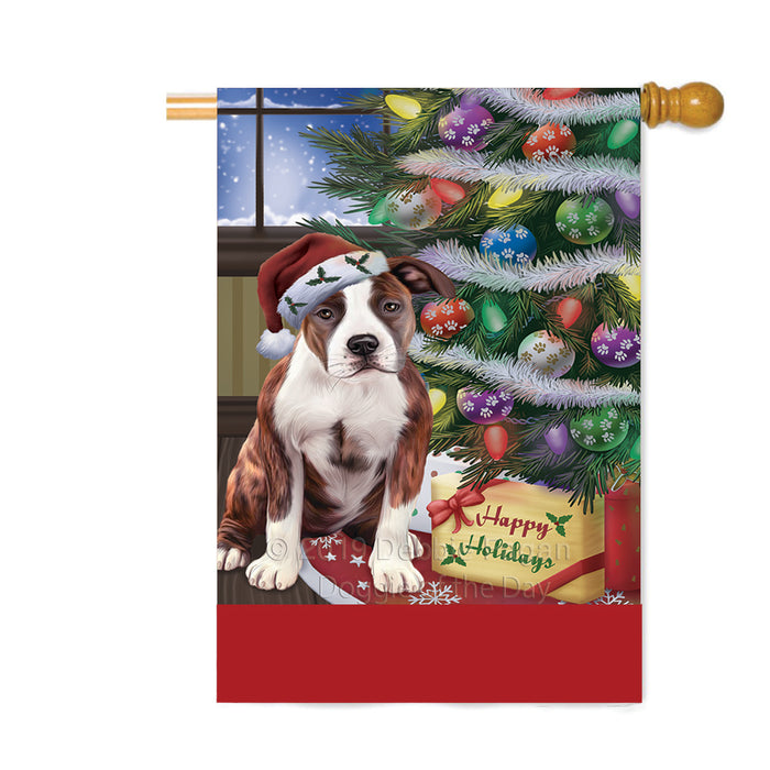 Personalized Christmas Happy Holidays American Staffordshire Dog with Tree and Presents Custom House Flag FLG-DOTD-A58638