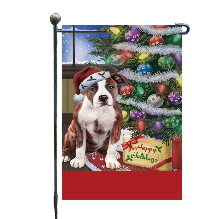 Personalized Christmas Happy Holidays American Staffordshire Dog with Tree and Presents Custom Garden Flags GFLG-DOTD-A58582