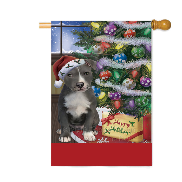 Personalized Christmas Happy Holidays American Staffordshire Dog with Tree and Presents Custom House Flag FLG-DOTD-A58639