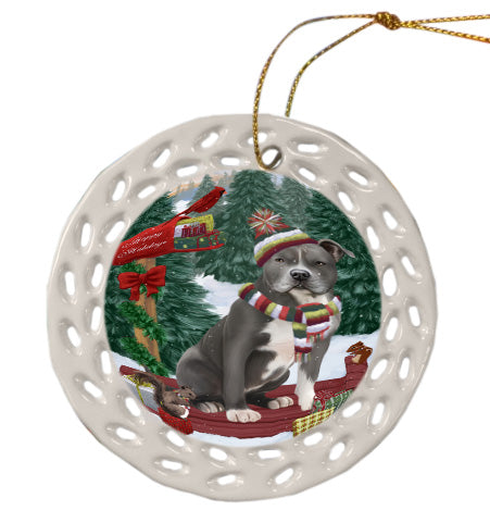 Christmas Woodland Sled American Staffordshire Terrier Dog Doily Ornament DPOR59016