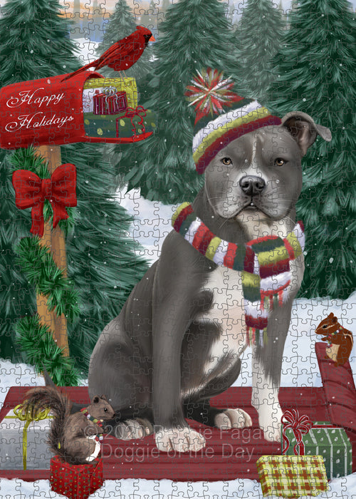 Christmas Woodland Sled American Staffordshire Terrier Dog Portrait Jigsaw Puzzle for Adults Animal Interlocking Puzzle Game Unique Gift for Dog Lover's with Metal Tin Box PZL841