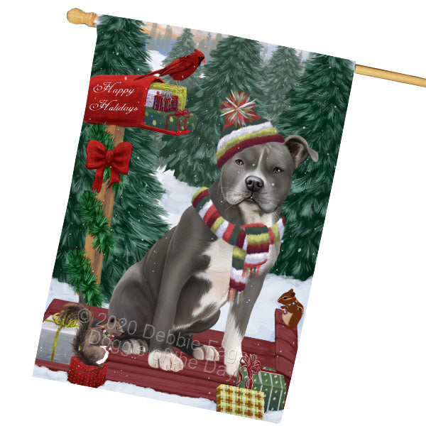 Christmas Woodland Sled American Staffordshire Terrier Dog House Flag Outdoor Decorative Double Sided Pet Portrait Weather Resistant Premium Quality Animal Printed Home Decorative Flags 100% Polyester FLG69518