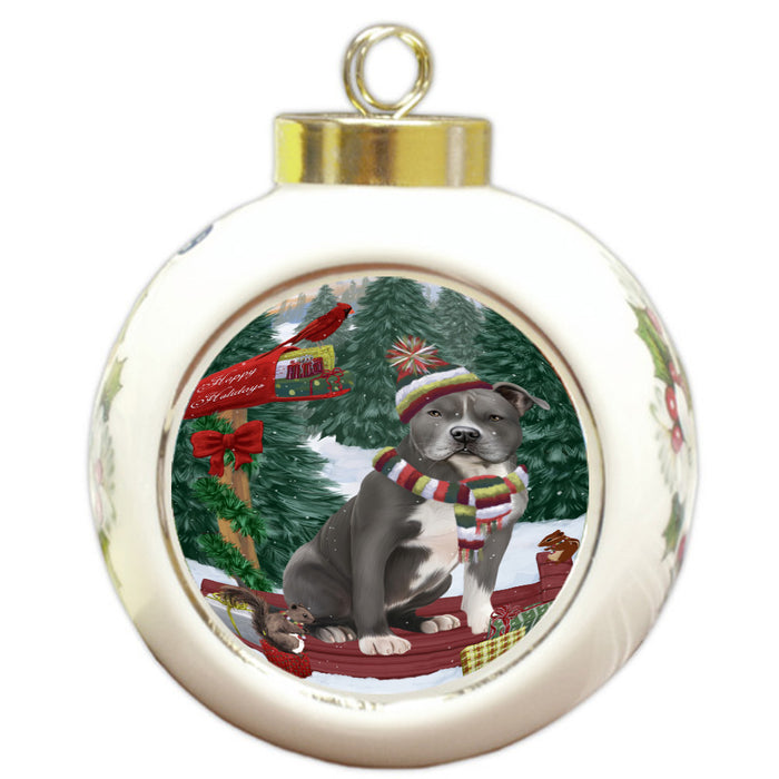 Christmas Woodland Sled American Staffordshire Terrier Dog Round Ball Christmas Ornament Pet Decorative Hanging Ornaments for Christmas X-mas Tree Decorations - 3" Round Ceramic Ornament, RBPOR59592