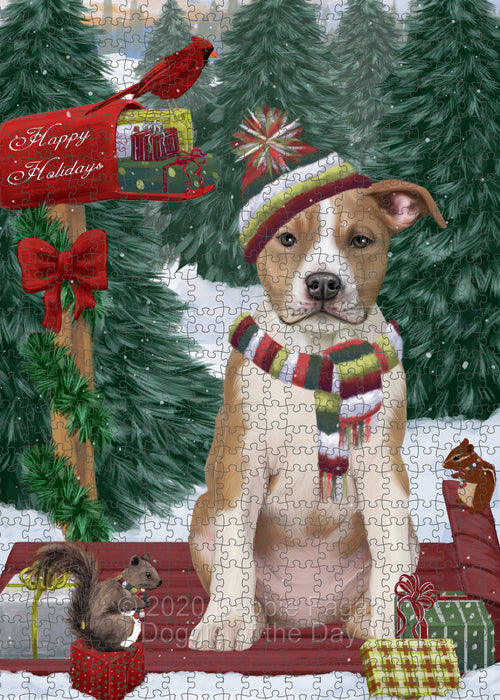 Christmas Woodland Sled American Staffordshire Terrier Dog Portrait Jigsaw Puzzle for Adults Animal Interlocking Puzzle Game Unique Gift for Dog Lover's with Metal Tin Box PZL842