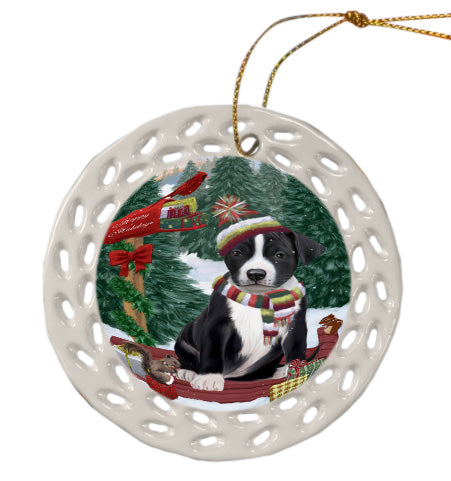 Christmas Woodland Sled American Staffordshire Terrier Dog Doily Ornament DPOR59018