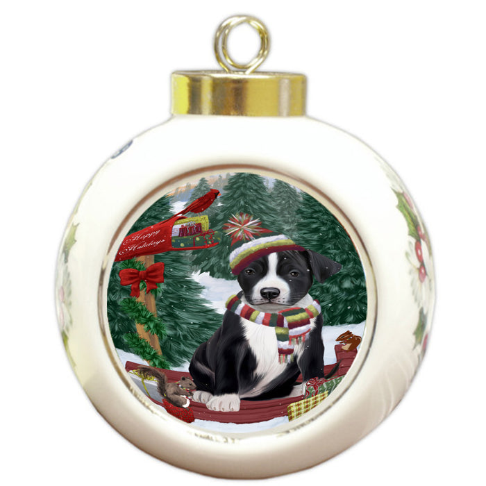 Christmas Woodland Sled American Staffordshire Terrier Dog Round Ball Christmas Ornament Pet Decorative Hanging Ornaments for Christmas X-mas Tree Decorations - 3" Round Ceramic Ornament, RBPOR59594