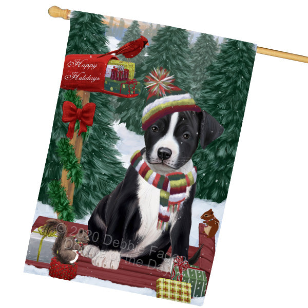 Christmas Woodland Sled American Staffordshire Terrier Dog House Flag Outdoor Decorative Double Sided Pet Portrait Weather Resistant Premium Quality Animal Printed Home Decorative Flags 100% Polyester FLG69520