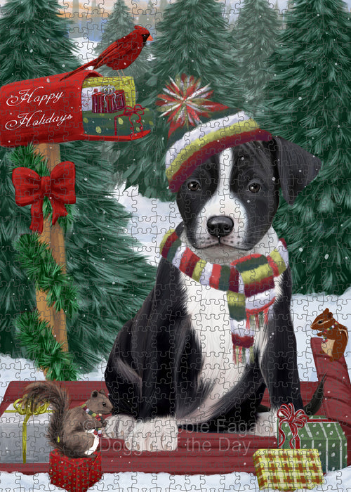 Christmas Woodland Sled American Staffordshire Terrier Dog Portrait Jigsaw Puzzle for Adults Animal Interlocking Puzzle Game Unique Gift for Dog Lover's with Metal Tin Box PZL843