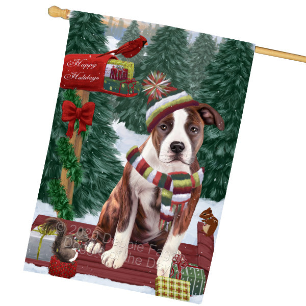 Christmas Woodland Sled American Staffordshire Terrier Dog House Flag Outdoor Decorative Double Sided Pet Portrait Weather Resistant Premium Quality Animal Printed Home Decorative Flags 100% Polyester FLG69521