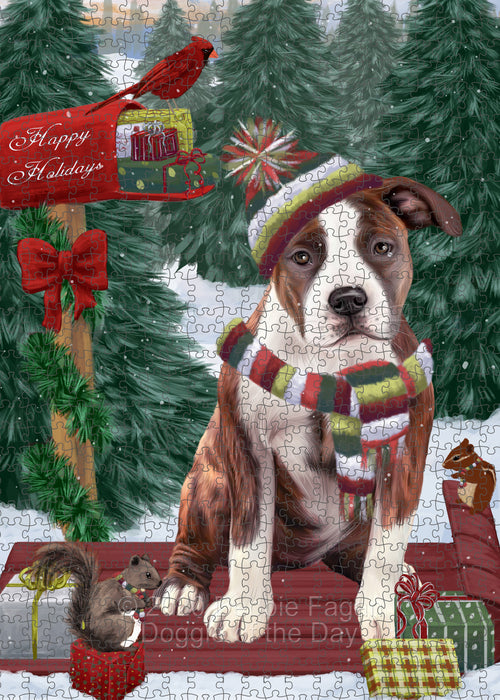 Christmas Woodland Sled American Staffordshire Terrier Dog Portrait Jigsaw Puzzle for Adults Animal Interlocking Puzzle Game Unique Gift for Dog Lover's with Metal Tin Box PZL844