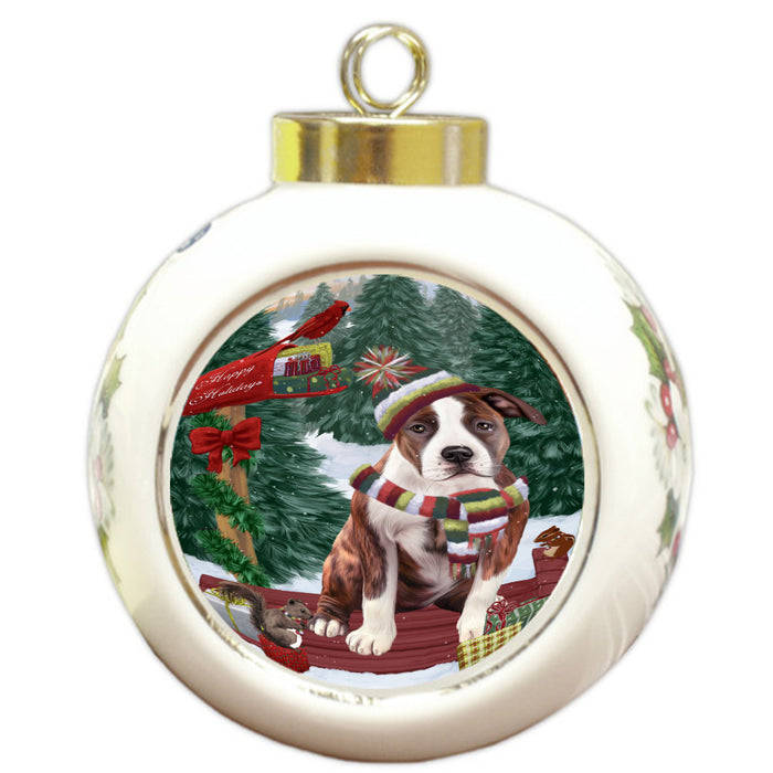Christmas Woodland Sled American Staffordshire Terrier Dog Round Ball Christmas Ornament Pet Decorative Hanging Ornaments for Christmas X-mas Tree Decorations - 3" Round Ceramic Ornament, RBPOR59595