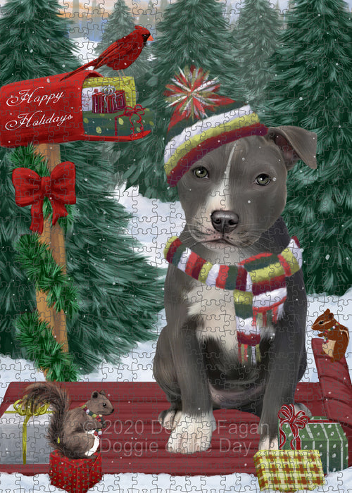 Christmas Woodland Sled American Staffordshire Terrier Dog Portrait Jigsaw Puzzle for Adults Animal Interlocking Puzzle Game Unique Gift for Dog Lover's with Metal Tin Box PZL845
