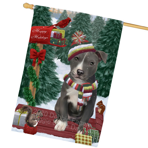 Christmas Woodland Sled American Staffordshire Terrier Dog House Flag Outdoor Decorative Double Sided Pet Portrait Weather Resistant Premium Quality Animal Printed Home Decorative Flags 100% Polyester FLG69522
