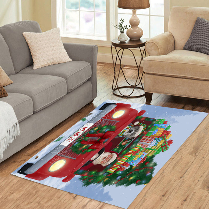 Christmas Honk Honk Red Truck Here Comes with Santa and American Staffordshire Dog Polyester Area Rug ARUG63254