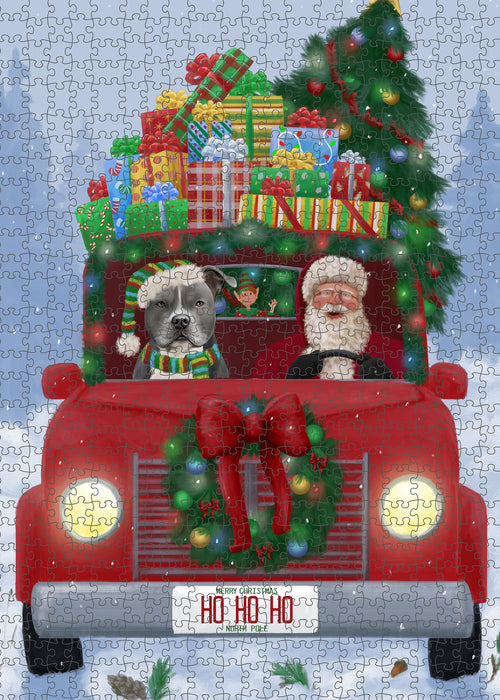 Christmas Honk Honk Red Truck Here Comes with Santa and American Staffordshire Dog Puzzle with Photo Tin PUZL99896
