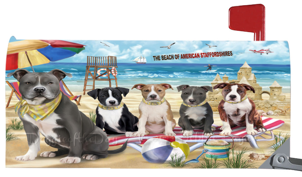 Pet Friendly Beach American Staffordshire Dogs Magnetic Mailbox Cover Both Sides Pet Theme Printed Decorative Letter Box Wrap Case Postbox Thick Magnetic Vinyl Material