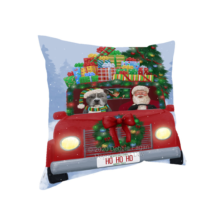 Christmas Honk Honk Red Truck Here Comes with Santa and American Staffordshire Dog Pillow PIL86280
