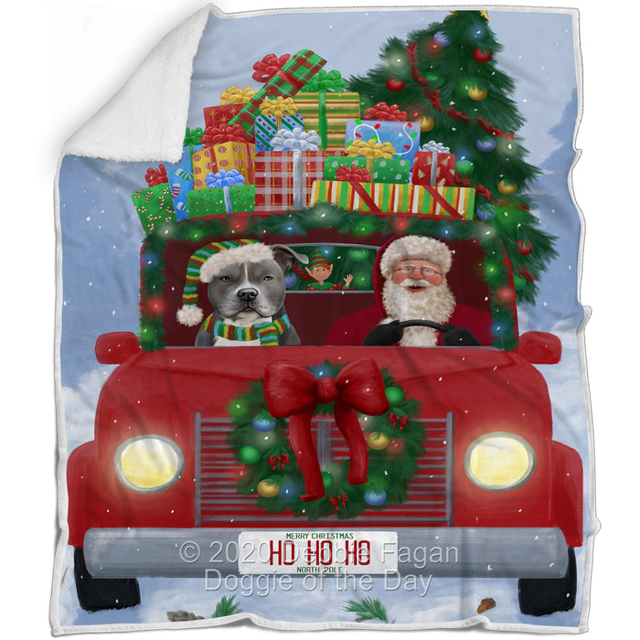 Christmas Honk Honk Red Truck Here Comes with Santa and American Staffordshire Dog Blanket BLNKT140703