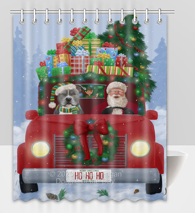 Christmas Honk Honk Red Truck Here Comes with Santa and American Staffordshire Dog Shower Curtain Bathroom Accessories Decor Bath Tub Screens SC009
