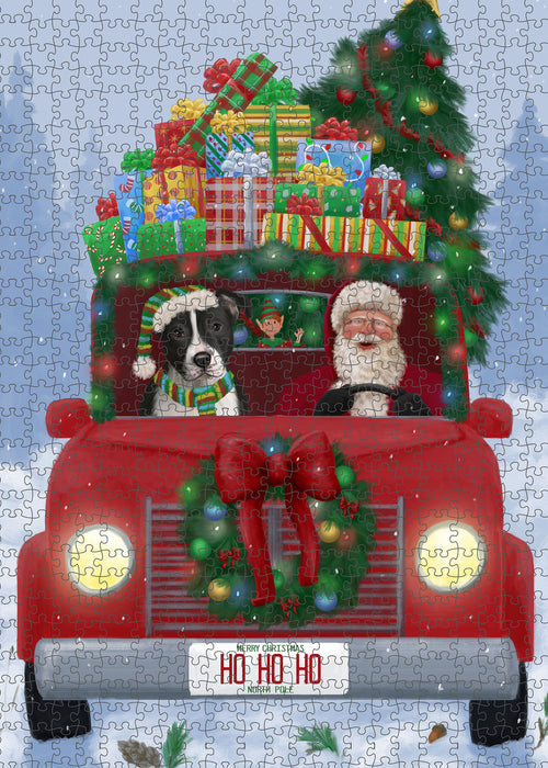 Christmas Honk Honk Red Truck Here Comes with Santa and American Staffordshire Dog Puzzle with Photo Tin PUZL99900